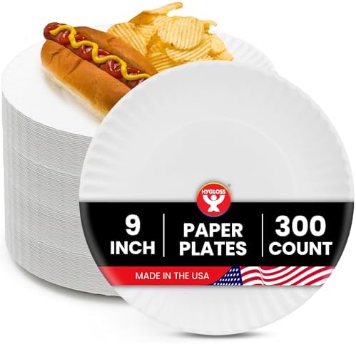 Hygloss Bulk Paper Plates 9-Inch, White Disposable Large Plain, 300 Count