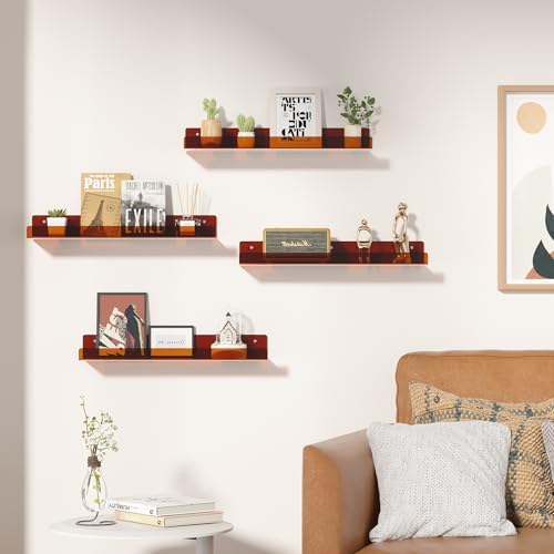 upsimples 4 Pcs 15" Acrylic Shelves for Wall Decor and Display, Brown