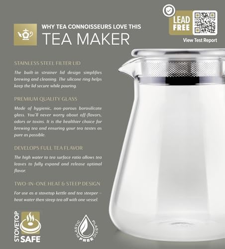 Teabloom One-Touch Tea Maker, 2-in-1 Teapot and Kettle with Stainless Steel Filter Lid for Loose Tea – Stain-Free Borosilicate Glass Tea Pot (15 Oz) – Tea Connoisseur's Choice