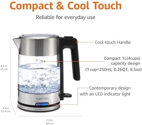 Amazon Basics Electric Kettle with Glass Carafe for Tea and Coffee, Fast Boiling, Auto Shut-Off, Boil-Dry Protection, Temperature Control, Removable Filter, 1 Liter, 1500W, BPA-Free