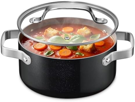 Bakken 3 Quart Ceramic Coated Stock Pot with Lid, Easy to Clean Nonstick Pot, Tempered Glass Lid, Riveted Stainless Steel Handles, Oven Safe Up To 500°F, PTFE & PFAS Free, All Stove Compatible, Black