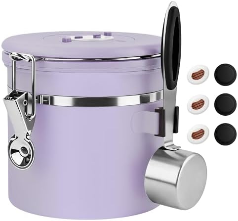 ShanSon Coffee Canister Airtight, Stainless Steel Bean Storage Container with Date Tracker & Scoop, Grounds Sugar Flour Tea Cereal Fits Kitchen Pantry, Ideal Gift for Coffee Lovers,12oz, Purple