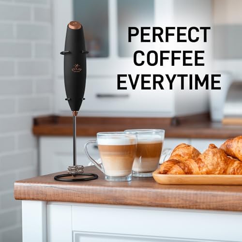 Zulay Kitchen Powerful Milk Frother Wand With Duracell Batteries - Ultra Fast Handheld Drink Mixer - Electric Whisk Foam Maker for Coffee, Lattes, Cappuccino & Matcha - Double Whisk - Black Copper