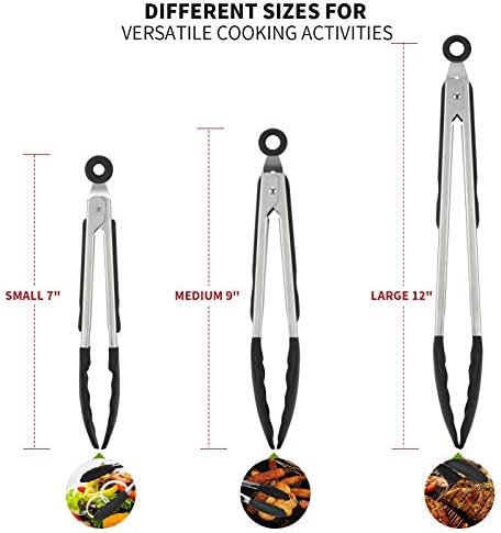 U-Taste Kitchen Tongs for Cooking, 600ºF Heat-Resistant Silicone, 3Pc/Black
