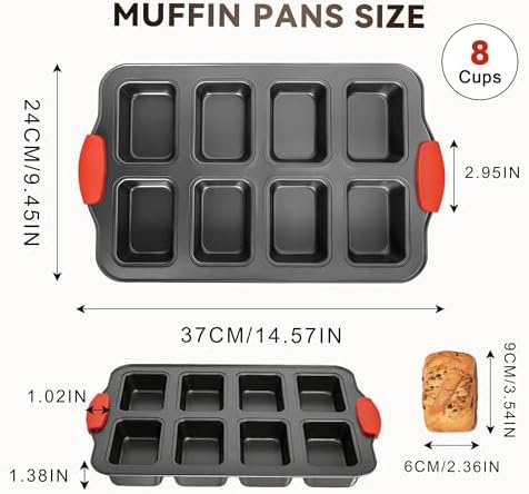 2 Pack Mini Loaf Pans, 8 Cavity Loaf Baking Pans With Silicone Handle Black
