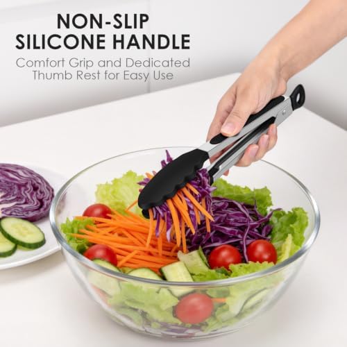 HOTEC Stainless Steel Kitchen Tongs with Silicone Tips, Set of 2-9" and 12"
