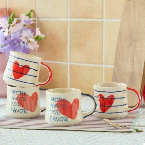 16oz Hand-painted Heart and Stripe Ceramic Mug Set of 4, Large Capacity Tea Milk Coffee Cups, Romantic Valentine Birthday Housewarming Gift for Women Coffee Lovers, Microwave & Dishwasher Safe