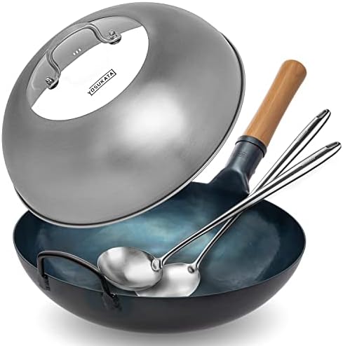 YOSUKATA Flat Bottom Wok Pan - 13.5" Blue Carbon Steel Wok + 17’’ Spatula and Ladle - Set of 2 Heat-Resistant Tools + Wok Lid 12.8 Inch