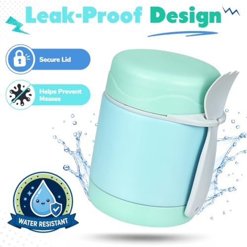 10oz Soup Thermo for Hot Food Kids,Lunch Thermo Kids Food Jar with Spoon Hot Insulated Food Containers,Leak Proof Stainless Steel Wide Mouth Lunch Thermo Jar for School(Mint-Green)