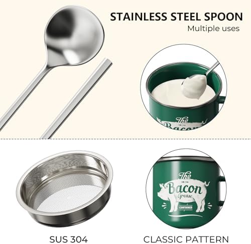 Bacon Grease Container with Strainer-15OZ Enamel Saver, Dishwasher Safe