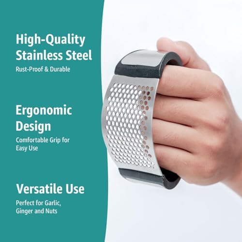 Garlic Press Rocker – Stainless Steel Garlic Mincer, Crusher & Chopper Tool with Peeler, Spatula & Brush – Easy-Press Garlic Press for Mincing Cloves, Ginger & Nuts, Comfortable Ergonomic Handle