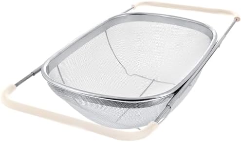 AJIODA Over The Sink Colander, 6 Quarts Stainless Steel Oval Colander with Expandable Rubber Grip Handle, Fine Mesh Strainer Baskets Kitchen Colanders for Strain, Drain, Rinse Vegetable, Fruits, Beige