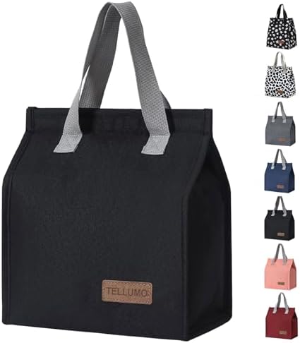 TELLUMO Insulated Lunch Bag for Men Women, Large Reusable Leakproof Lunch Box Container, Small Portable Thermal Snack Bag, Reusable Travel Office Work Beach Black Cooler Tote Bag for Adults, Dark