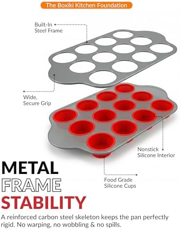 Boxiki Kitchen Non-Stick 12 Cup Silicone Muffin Pan with Steel Frame - BPA Free, Non-Toxic, Anti-Warp, Durable & Easy to Pop Silicone Muffin Tin - Perfect Cupcake Pan