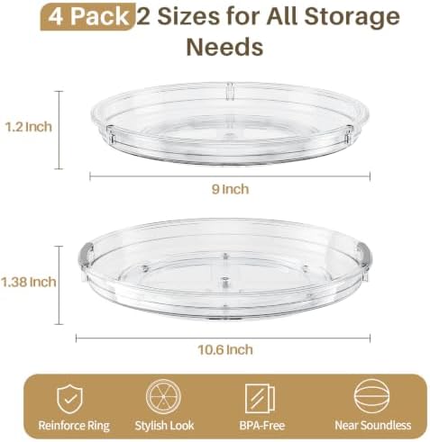 LAMU 4 Pack Lazy Susan Organizer Turntable for Cabinet, Pantry Organizers and Storage, Rotating Condiment Organizer for Kitchen, Table Top, Fridge, Countertop, Spice Organization, 10.6''x2, 9''x2