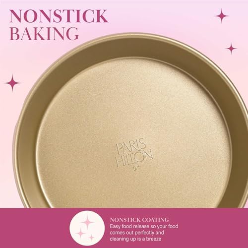 Paris Hilton Nonstick Carbon Steel Bakeware Collection, 9-Inch Round Cake Pan, Dishwasher Safe, Made without PFOA and PFAS, Pink Champagne Two-Tone
