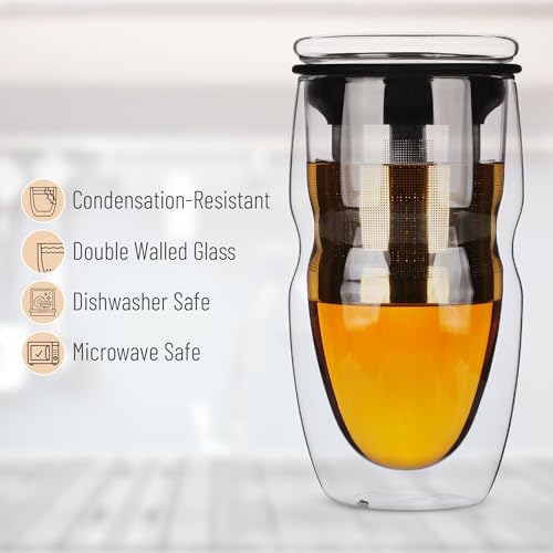 BTaT- Double Wall Glass Tea Cup With Stainless Steel Infuser and Lid, 16 oz, 2 Pack, Borosilicate Glass Tea Mug Infuser, Gifts for Tea Lovers