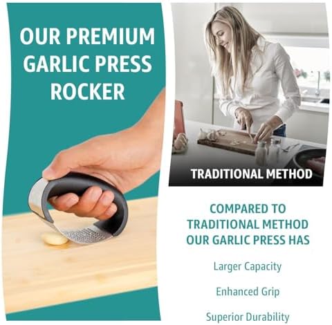 Garlic Press Rocker – Stainless Steel Garlic Mincer, Crusher & Chopper Tool with Peeler, Spatula & Brush – Easy-Press Garlic Press for Mincing Cloves, Ginger & Nuts, Comfortable Ergonomic Handle