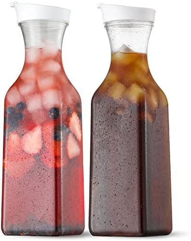 NETANY Plastic 50 Oz Water Carafe with Flip Top Lid, Set of 2 Square Base Juice Containers, Clear Plastic Pitcher - for Water, Iced Tea, Juice, Beverage, Cold Brew and Mimosa Bar - HAND WASH ONLY