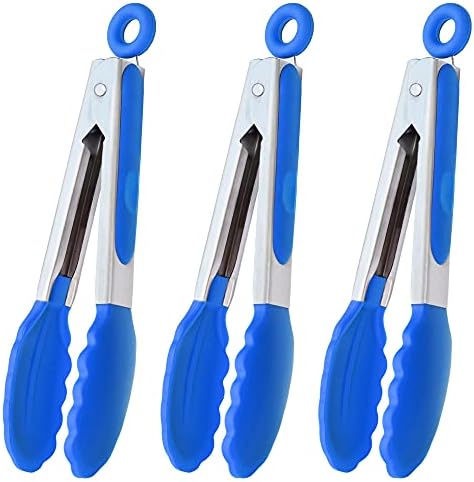 HINMAY Small Tongs with Silicone Tips 7-Inch Serving Tongs, Set of 3 (Blue)