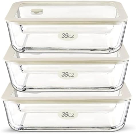 Urban Green Glass Food Container Set with Glass Lid, 3 Pack, Food Storage Containers Set, Airtight, LeakProof, 100% Plastic Free, Meal Prep Containers (White Color)