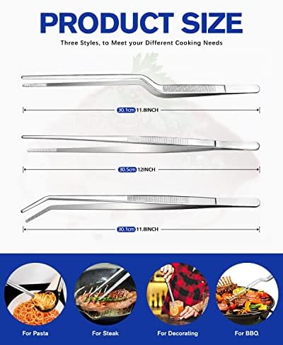 BUNDLEPRO Kitchen Tweezers Tongs with Precision Serrated Tips, 3 Pcs, 12''