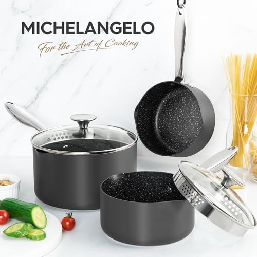 MICHELANGELO Hard Anodized Saucepan Set with Lids, Nonstick Saucepan with Pour Spouts & Strainer Lid for Easy Pour, Granite Derived Coating Sauce Pot Set - 1.5QT & 2QT &3QT Induction Sauce Pans