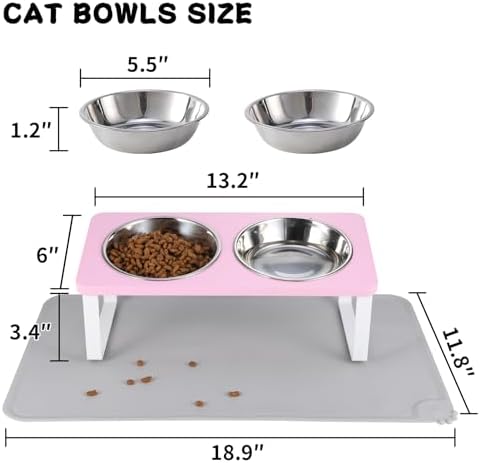 Summark Upgraded Elevated Cat Bowls with Food Mat,15°Tilted Stand Anti Vomiting Raised Cat Dishes for Food and Water,2 Stainless Steel Bowls for Cats and Puppy（Pink）