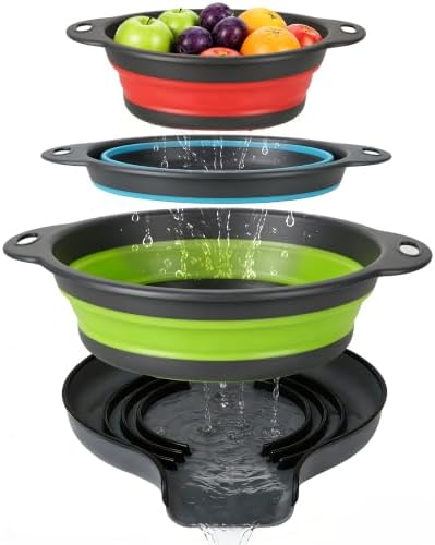 3-Pack Collapsible Colander for Kitchen with Self-Draining Base Foldable Strainers Set Round Food Drainer for Pasta Fruits and Vegetables (3QT, 4QT and 5QT)