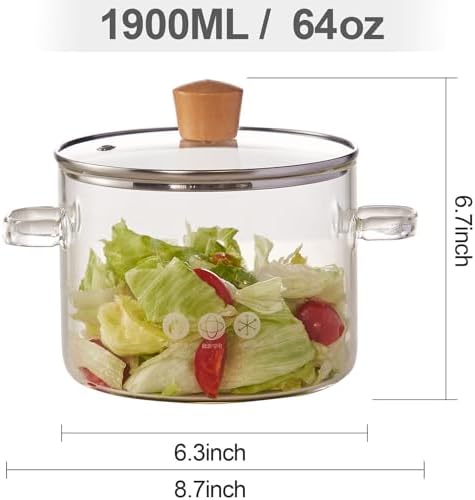 64 oz Glass Stew Pot with Tempered Glass Lid - Heat-Resistant Borosilicate Glass Stovetop Stew Pot - 1.9 L Clear Stew Pot for Pasta and Soups - Microwave and Dishwasher Safe