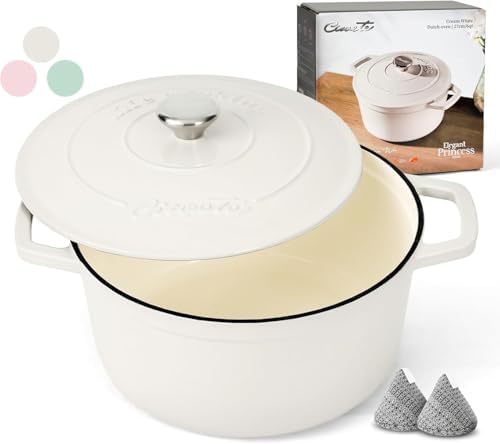 Ciwete Enameled Cast Iron Dutch Oven Pot, 6 Quart, Cream White