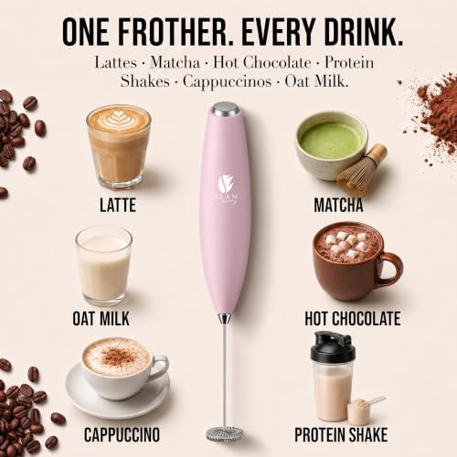 Bean Envy Milk Frother Handheld - Coffee Mixer Wand with Stand - Pink