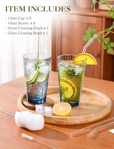 Amyoole Drinking Glasses Set of 8, 16oz Blue Hammered Glass Cup for Kitchen