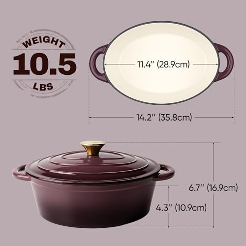 Vintage Style Oval Dutch Oven for Bread Baking, 4.5 Quart Non Stick Enameled Cast Iron Dutch Oven Pot with Lid, Oven Safe Oval Casserole with Lid up to 500°F for Baking, Braising, Stews, Roasting, Fig