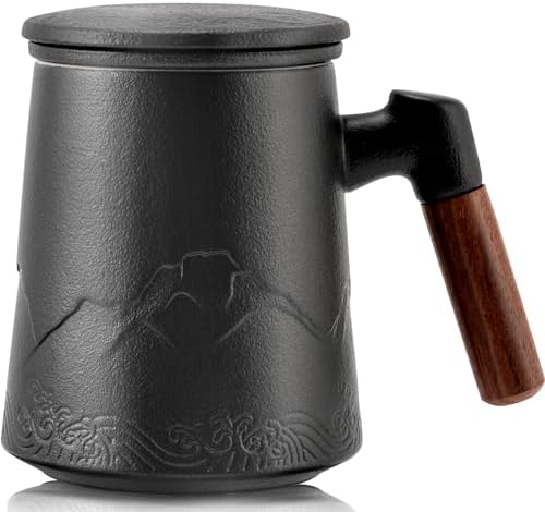 suyika Tea Cup with Infuser and Lid, Gradient Black & Blue, 15.2oz /450ml