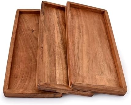 NIRMAN Acacia Wood Rectangular Wooden Platters for Home Decor, Food, Vegetables, Fruit, Charcuterie, Appetizer Serving Tray (13" x 5.5" x 0.75") (Set of 3)