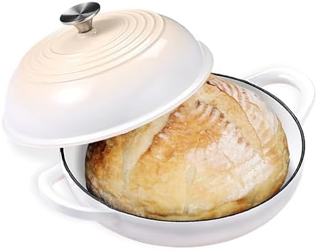 Enameled Round Cast Iron Bread Oven, 6 Qt Cast Iron Dutch Oven for Homemade Sourdough Bread Baking, Bread Pot with Dome Lid (White)