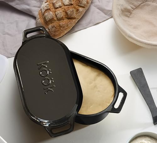 KooK Dutch Oven with Lid, Enameled Cast Iron Bread Baker, Dual Handles, 3.4 Qt, Oval, Includes Banneton Proofing Basket with Liner, Artisan Sourdough Bread Baking Set