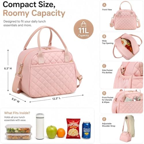 CAMTOP Lunch Box for Women Insulated Lunch Bag Large Lunchbox Cooler Thermal Leakproof Quilted Reusable Lunch Tote Bag for Work School Travel Picnic
