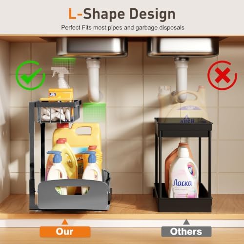 Under Kitchen Sink Organizer, Metal Pull Out Bathroom Organizers and Storage, 2-Tier Cabinet Organizer Shelf with Sliding Drawer, Home Organization for Kitchen, Laundry, Pantry, Dark Grey, 2 pack