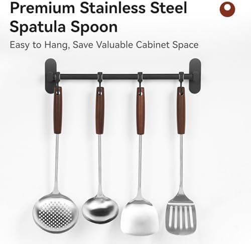 WANGYUANJI 4-Piece Wok Spatula and Ladle Set, Heavy Duty 304 Stainless Steel Kitchen Utensils with Heat Resistant Wooden Handle, Long Metal Turner & Skimmer for Carbon Steel Wok & Cast Iron Skillet