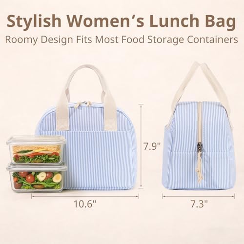LOVELYWIND Lunch Box for Women, Insulated Lunch Bag, Blue Stripe Tote