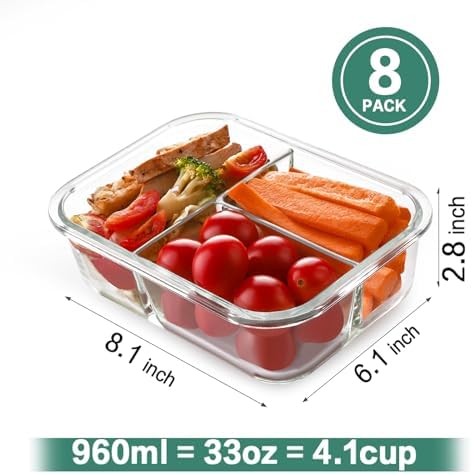 8 Pack 36oz Borosilicate Glass Meal Prep Containers 3 Compartment with Lids