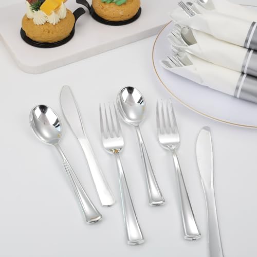 Supernal 120 Pack Silver Plastic Silverware Wrapped Cutlery Set with Napkin