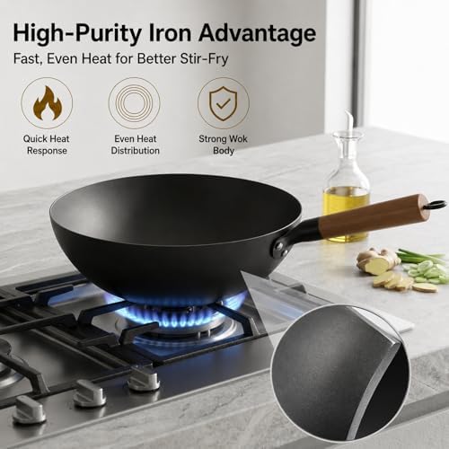 High-Purity Iron Carbon Steel Wok with Lid, 11.8 Inch Flat Bottom Wok Pan, Uncoated Stir Fry Pan with Wood Handle, Compatible with Gas, Electric, Induction and Ceramic Stoves