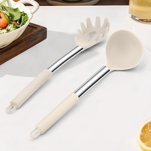 TeamFar Silicone Pasta Fork and Ladle, Nonstick Kitchen Utensils, Khaki
