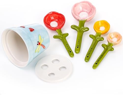 Coloch 5Pcs Ceramic Measuring Spoons and Cup, Flower Baking Scale Spoons with Base Set for Dry and Liquid Ingredient, 1/4 tsp, 1/2 tsp, 1 tsp, 1 Tbsp