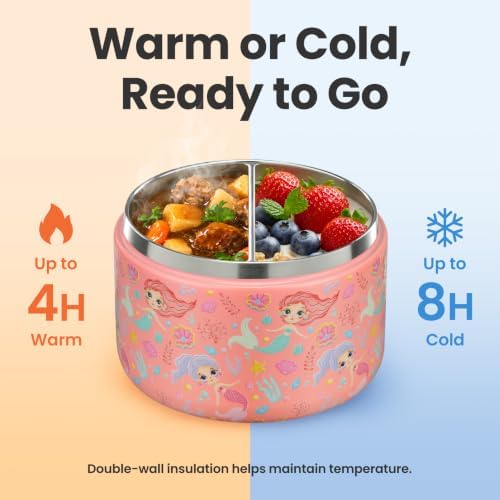 Pawtong 12oz Insulated Vacuum Food Jar with Buckle Lid Wide Mouth Soup Thermo for Hot Food Kids Leakproof Stainless Steel Lunch Container (mermaid)