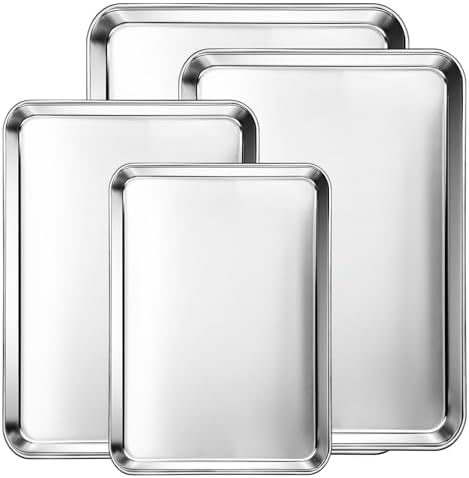 CEKEE Baking Sheet Set of 4, Stainless Steel Cookie Sheets for Baking, 0.8mm Heavy Duty Nonstick Baking Pans, 9/10/12/16 Inch Baking Trays for Oven, Non Toxic & Mirror Finish & Easy Clean