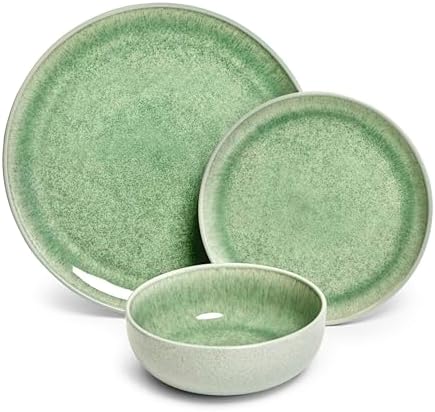 Sango Asher 12-Piece Stoneware Dinnerware Set for 4, Green Ceramic Plates and Bowls Sets, Modern Dish Set with Reactive Glaze, Durable Kitchen Dishes for Casual Dining, Microwave & Dishwasher Safe